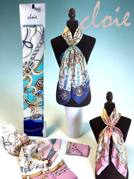 Accessories - CLOIE Equestrian Chain & Belt Silk-Feel Square Scarfs — Pink & Blue
